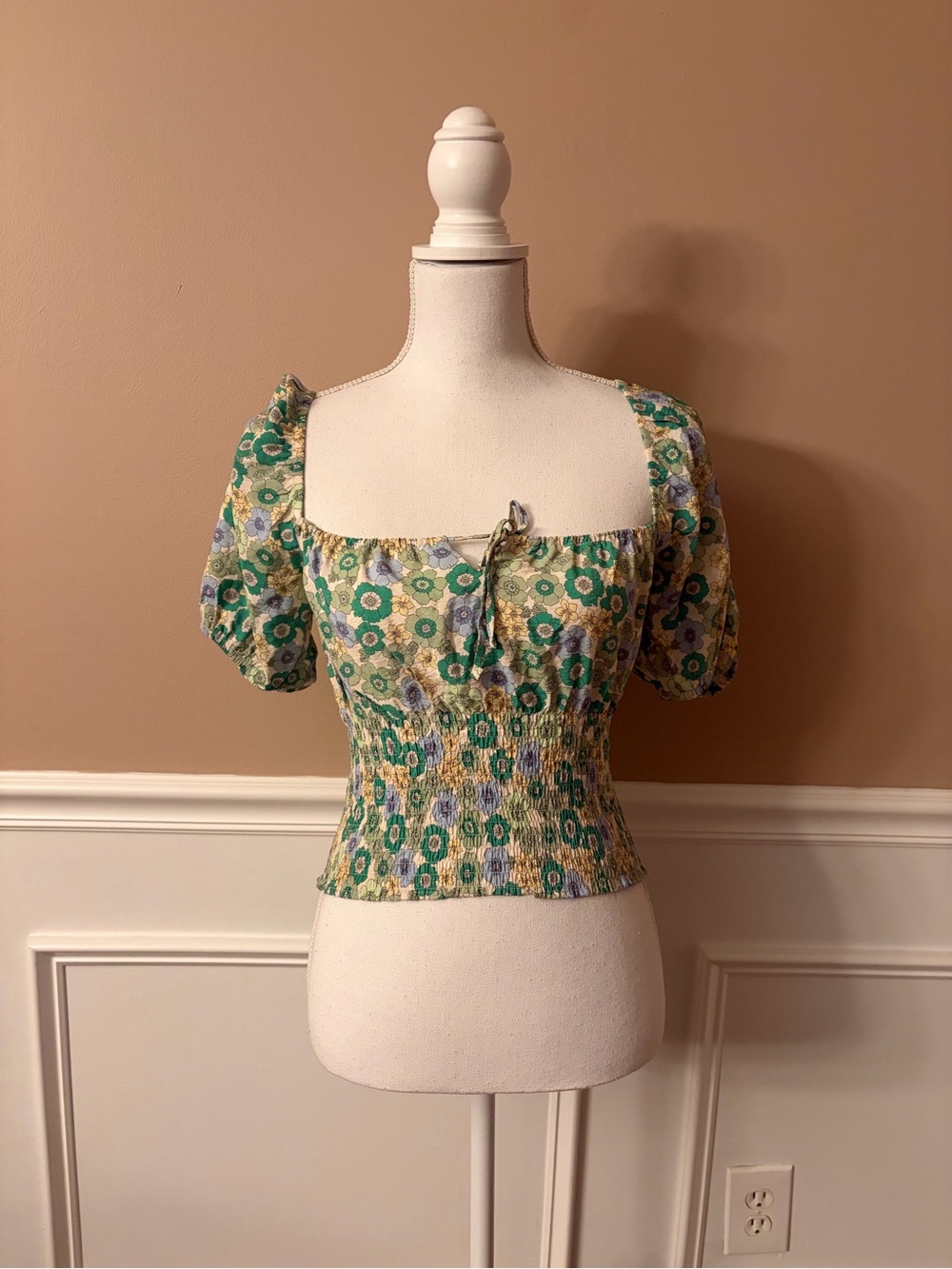 ENVII Smocked Floral Square-Neck Crop Top in Green